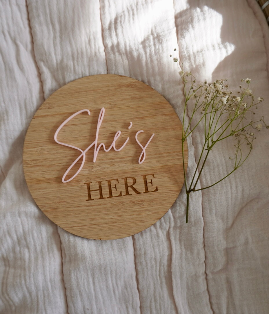 'She's Here' Birth Announcement Plaque