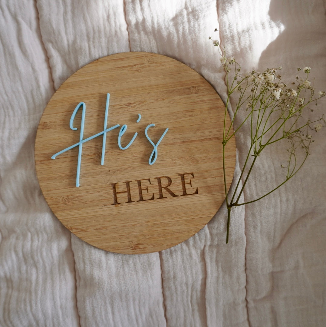 'He's Here' Birth Announcement Plaque